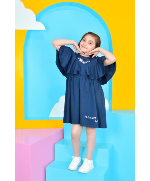 Solid Cotton Dress off shoulder For Girls - Navy