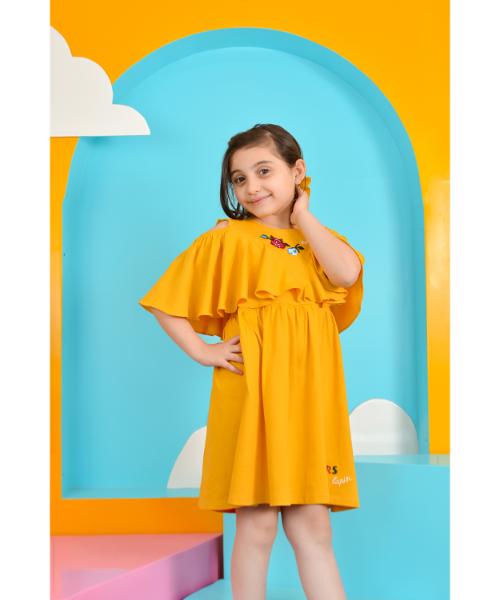 Solid Cotton Dress off shoulder For Girls - Mustard