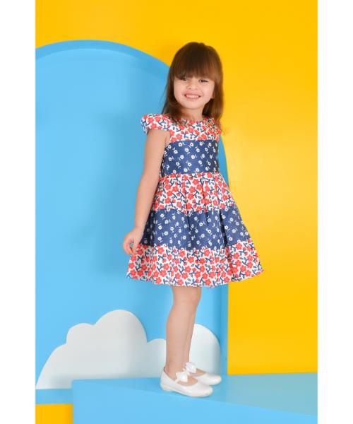 Cotton Dress Floral print Round Neck for Girls - Red Navy Blue