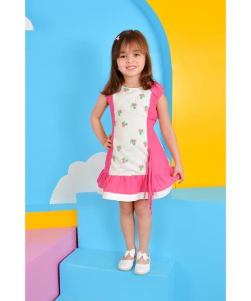 Cotton Dress Floral print Sleeveless Round Neck for Girls - Pink White