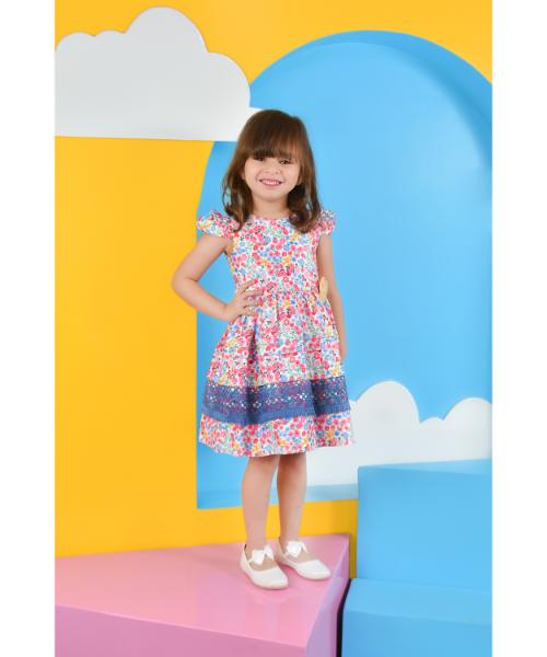 Cotton Dress Floral print Round Neck for Girls - Pink Blue