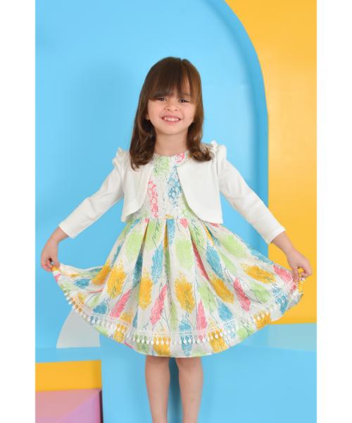 Cotton Dress printed Round Neck for Girls 2 Pieces - White Green