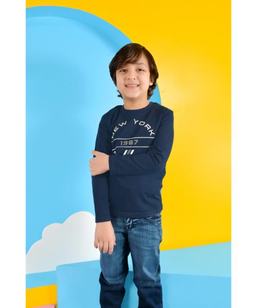 Printed Cotton T-Shirt Long Sleeve For Boys - Navy