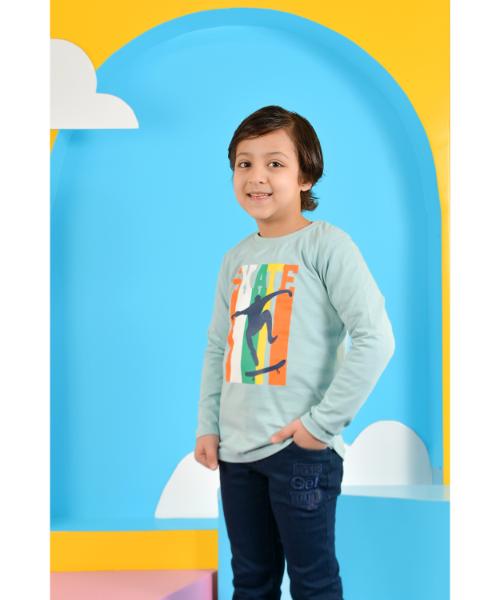 Printed Cotton T-Shirt Long Sleeve For Boys - Mint Green