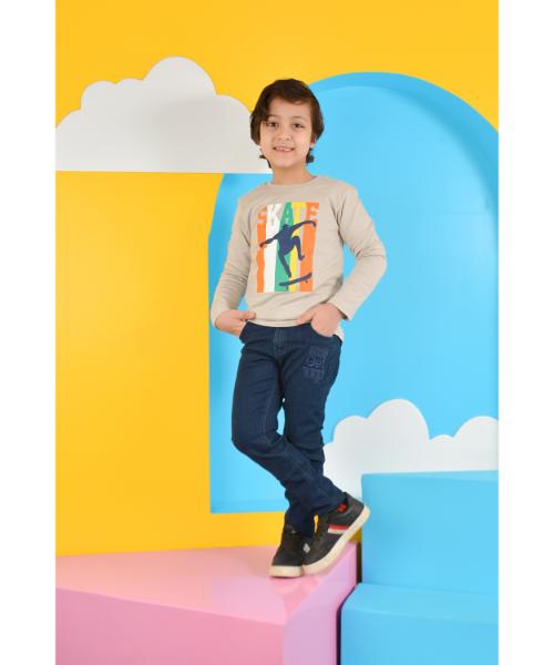 Printed Cotton T-Shirt Long Sleeve For Boys - Beige