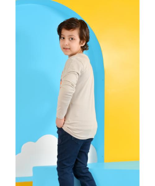 Printed Cotton T-Shirt Long Sleeve For Boys - Beige