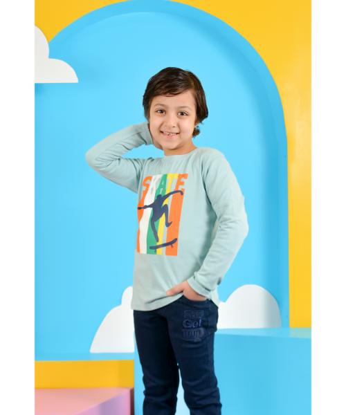 Printed Cotton T-Shirt Long Sleeve For Boys - Mint Green