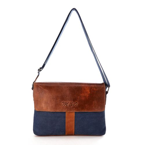 M&O Linen and Genuine Leather Crossbody Bag for Men - Navy Brown