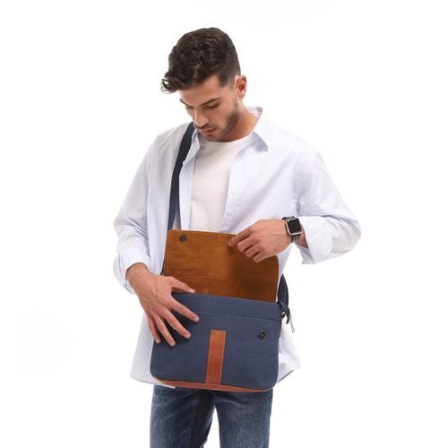 M&O Linen and Genuine Leather Crossbody Bag for Men - Navy Brown