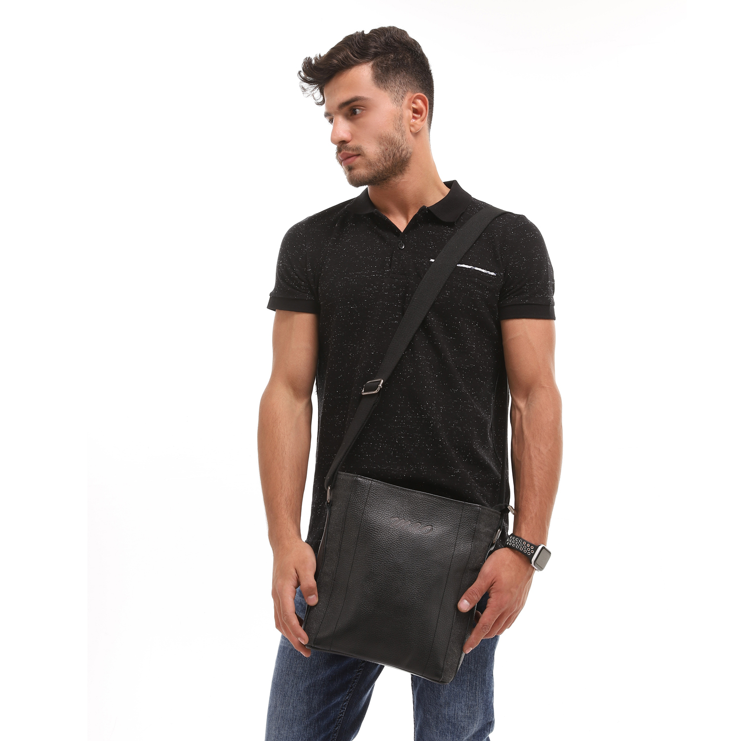 M&O Casual Linen and Genuine Leather Crossbody Bag for Men - Black