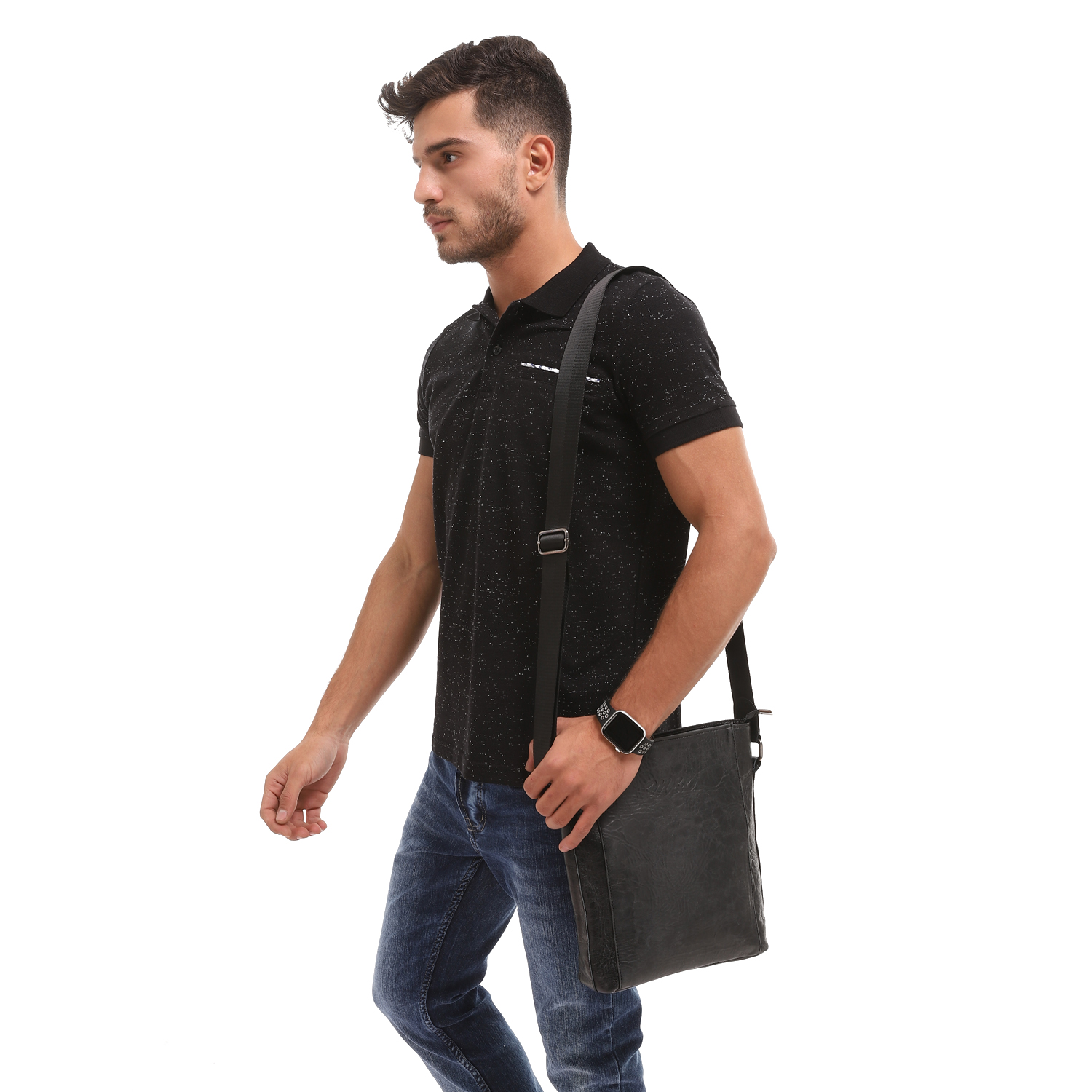 M&O Leather Crossbody Bag With Adjustable Handle For Men - Black