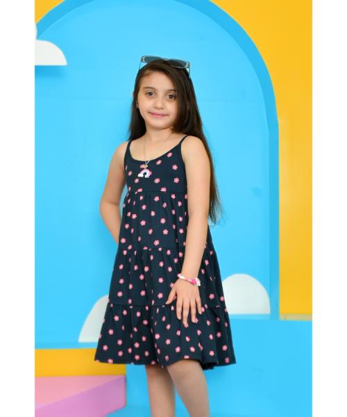 Cotton Summer Dress Sleeveless Floral Printed For Girls  - Navy