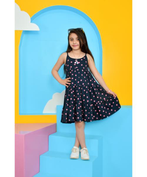 Cotton Summer Dress Sleeveless Floral Printed For Girls  - Navy