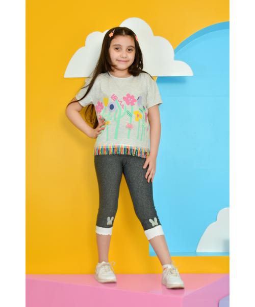 Cotton Summer T-Shirt Floral print For Girls - Grey