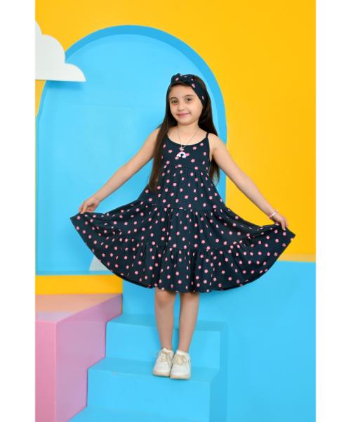 Cotton Summer Dress Sleeveless Floral Printed For Girls  - Navy