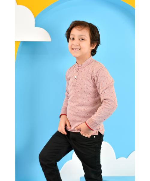 T-shirt Half Collar Full Sleeve For Boys - Light Burgundy