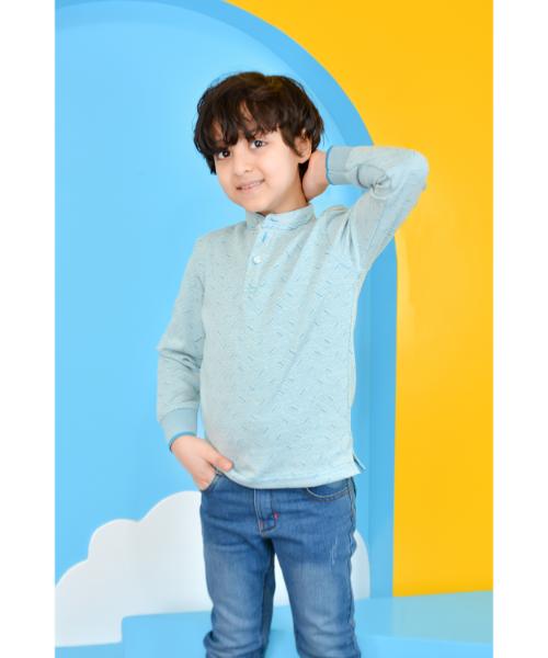 T-shirt Half Collar Full Sleeve For Boys - Turquoise