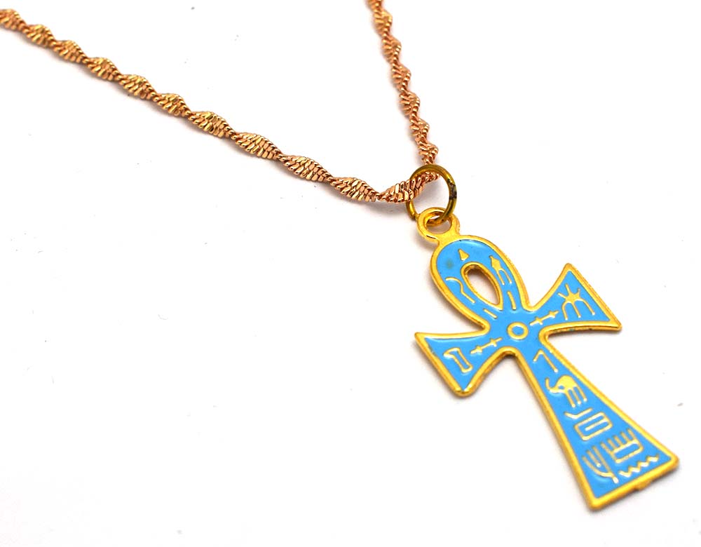 immatgar pharaonic Egyptian ankh key necklace jewellery Egyptians souvenirs gifts for Women Girls ( Golden Cyan )