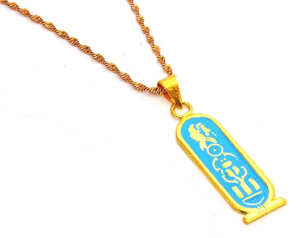 immatgar pharaonic Egyptian tutankhamun cartridge necklace jewellery Egyptian souvenirs gifts for Women Girls ( Golden Cyan )