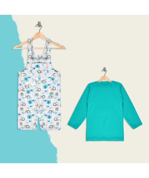 Printed jumpsuit 2 Pieces for newborns - Turquoise White