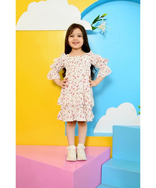 Floral Cotton Dress For Girls - Rose White