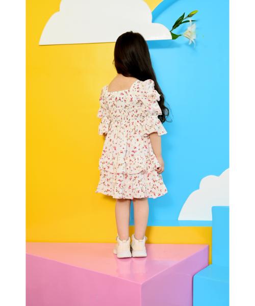 Floral Cotton Dress For Girls - Rose White