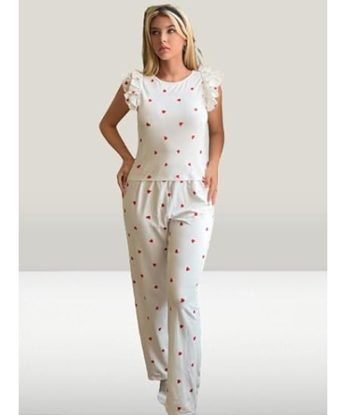 Heart print cotton pajama set 2 pieces - white