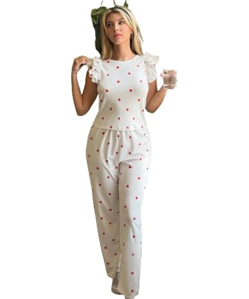 Heart print cotton pajama set 2 pieces - white